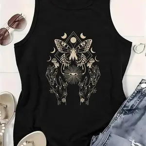 Women's Casual Sleeveless Bohemian Mystical Butterfly Print Celestial Tank Top, Breathable Fabric, Ideal for Outdoor, Everyday, Beach Wear summerwins,summerwins