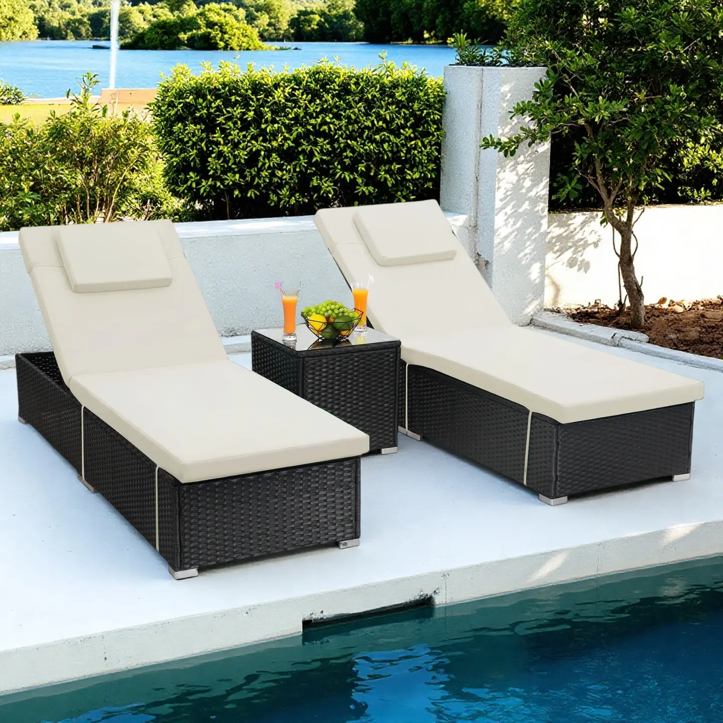 Patio Furniture Set - 3-Piece Heavy-Duty Exterior-Facing Outdoor Wicker Set with 2 Oversized Reclining Chaise Lounges, Matching Side Table, Wash-Clean Seats, Ideal for Backyard Glow Up, Double Beach Chair Compatible