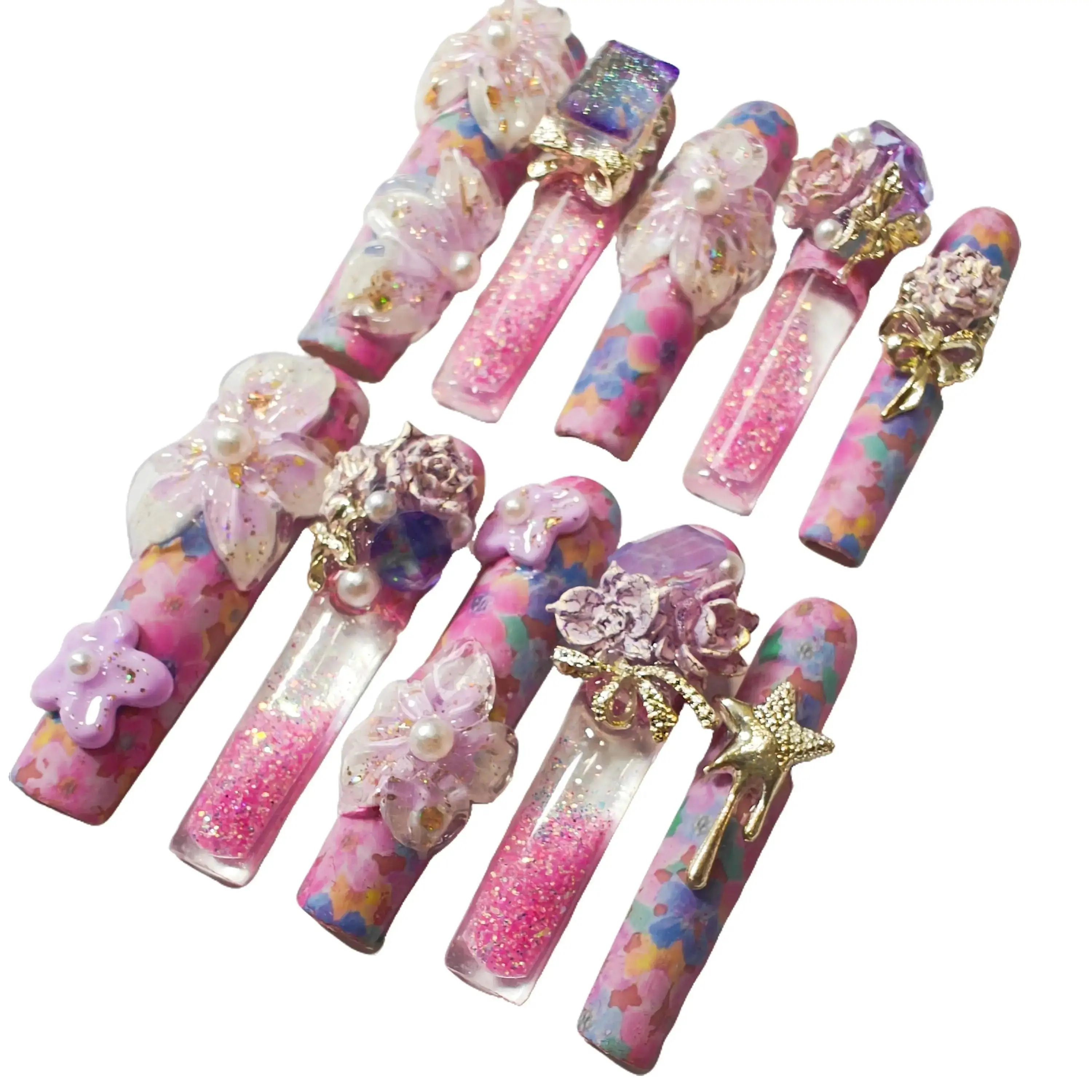 Jmnail1.6-2.1 Inches Water Nails 10Pcs Handmade Acrylic Art Flower Beautifull Nails Polish Extra Party Luxury Fashion Comfortable and Reusable Nails with Premium Nail Glue Sticky Tabs Nail File Cleaning Alcohol Wipe Precision Cuticle Tool