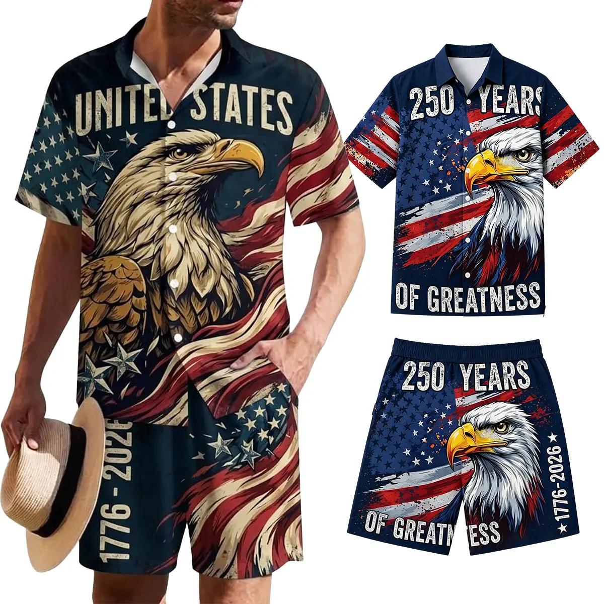 Men's 2026 USA 250th Anniversary Short-Sleeve Stretch Fabric 2-Piece Hawaiian Shirt & Shorts Set, 1776 Independence Day Clothes with Bald Eagle-Statue of Liberty-American Flag Floral Print, Beach Vacation Tropical Wear 2XS-6XL, Menswear, Shortsleeve, Fath
