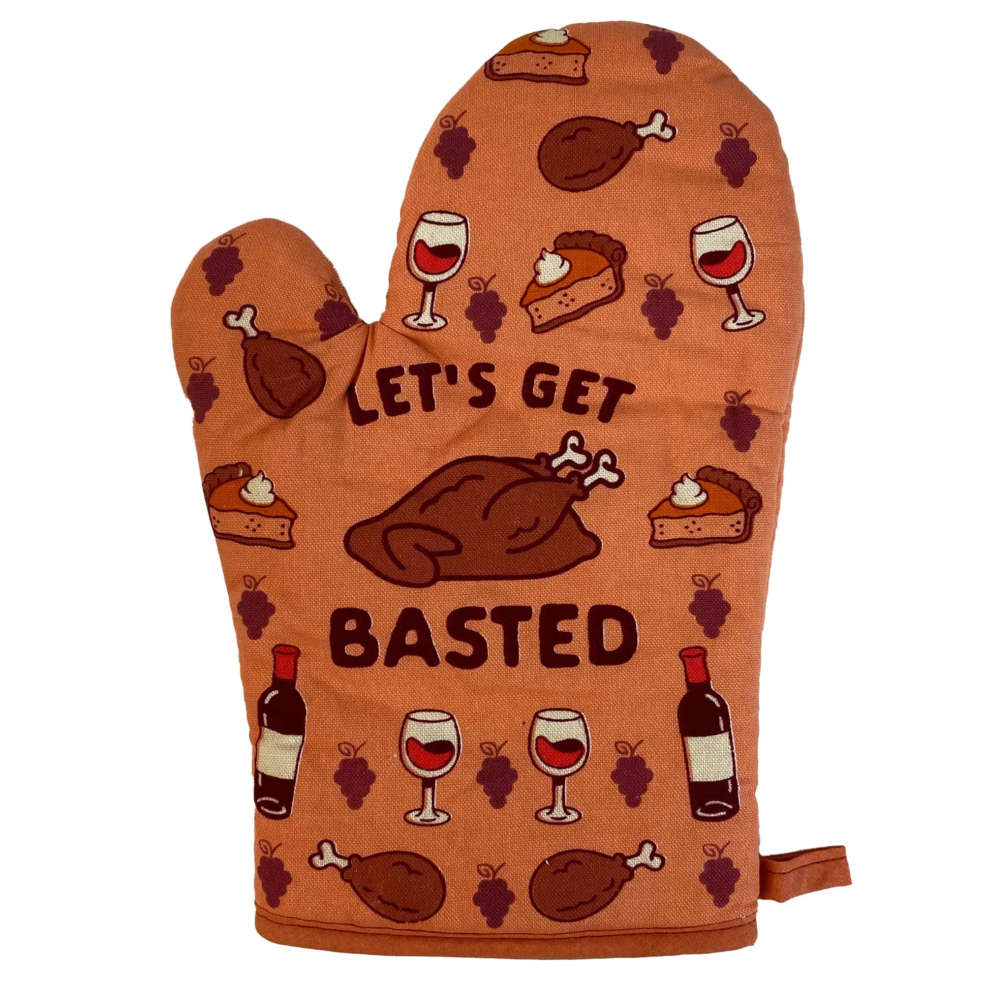 Let's Get Basted Oven Mitt Funny Thanksgiving Wine Drinking Feast Graphic Kitchen Glove Funny Graphic Kitchenware Bakeware Thanksgiving  Funny Drinking  Novelty Cookware Orange