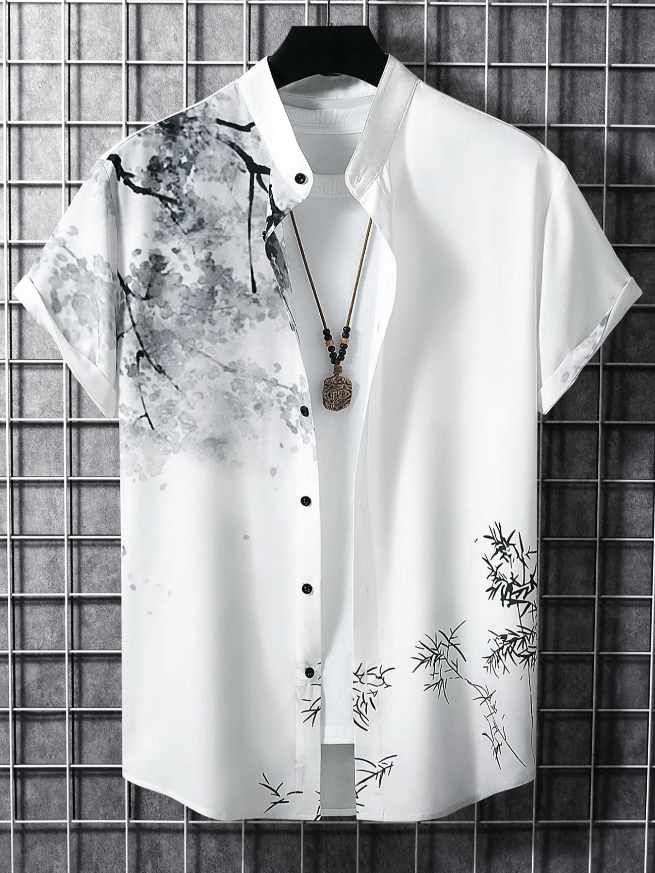 Men's Regular Fit Leaf, Floral & Geometric Print Button-Front Shirt without Tee & Necklace, Casual Button Up Comfy Short Sleeve Stand Collar Top for Spring & Summer, Fashion Menswear for Daily Wear, Collared Shirts