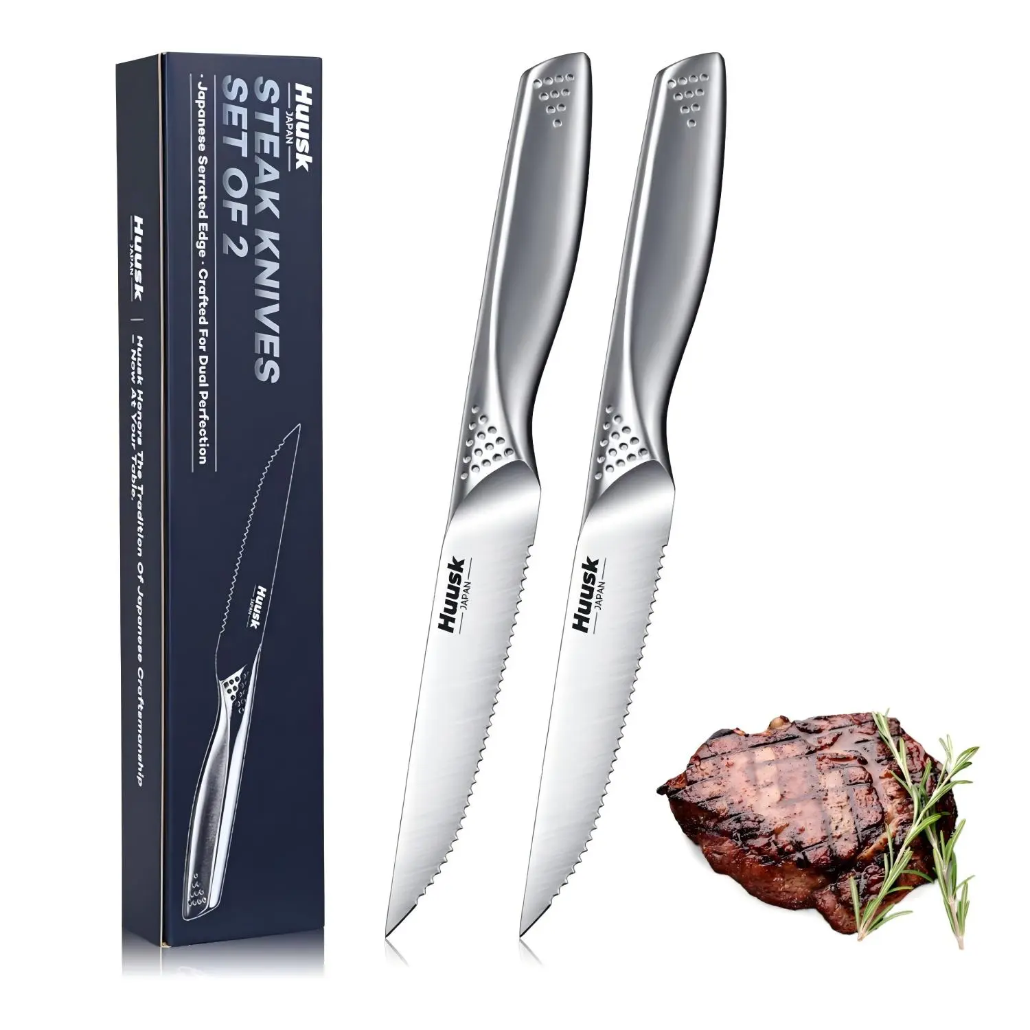 Huusk 4.5" Japanese Stainless Steel Serrated Steak Knives Set of 2 - Kitchenware Cutting Tools, Sharp Dinner Tools for Kitchen Table Use, Dishwasher Safe, Gift Box Packaged, Ideal for Thanksgiving and BBQs
