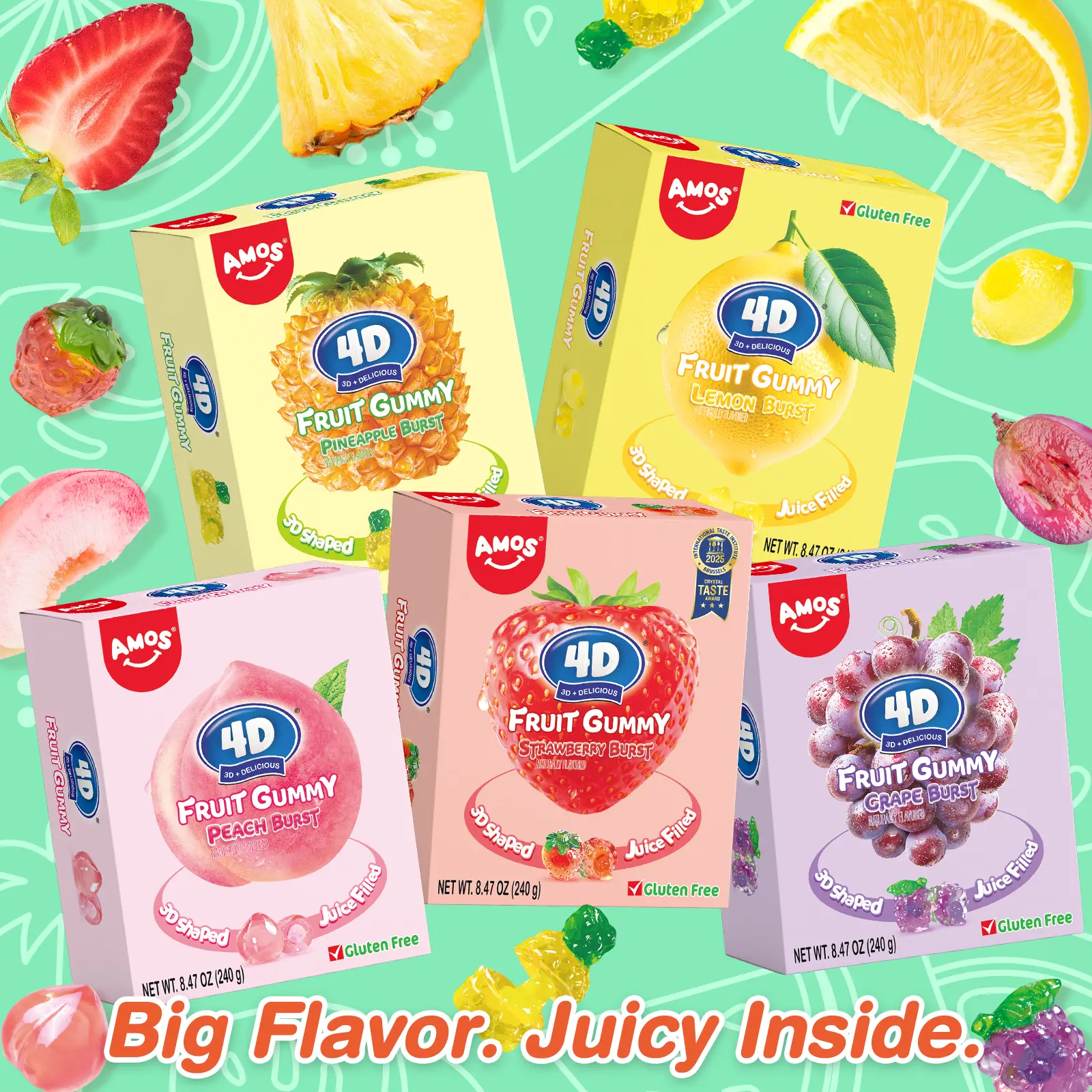 AMOS 4D Fruit Gummy - New Lemon Explosion 240g Bulk Pack Juicy Peach Strawberry Grape Pineapple Lemon Chewy Sweet Candy Fruit Snack Gluten Free Real Juice - Candy