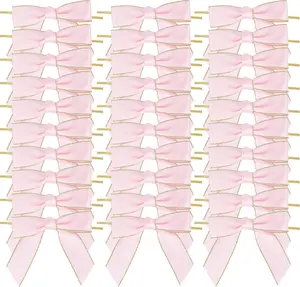 50 Pcs Pink Mini Bows 3.5 Inch Twist Tie Bows Elegant Pink Bows for Gift Wrapping, DIY Crafts, Party Decorations, Baby Shower, Birthday, Wedding Decor, Gift Bags