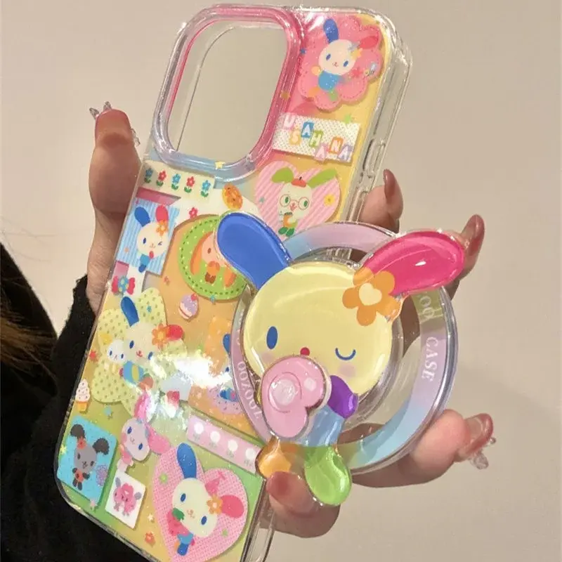 Magnetic color splicing color ear rabbit phone case with rotating magnetic bracket for iPhone 11 12 13 14 15 16 17 pro max