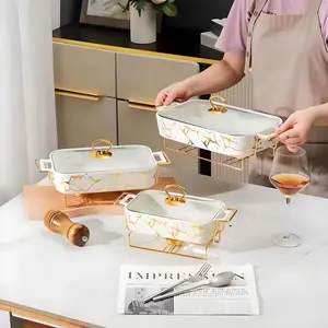 Marble Pattern Ceramic Stockpot with Lid & Handle, Multifunctional Baking Dish, Rectangular Casserole Dish, Food Storage Box, Kitchen Cookware for Home Use