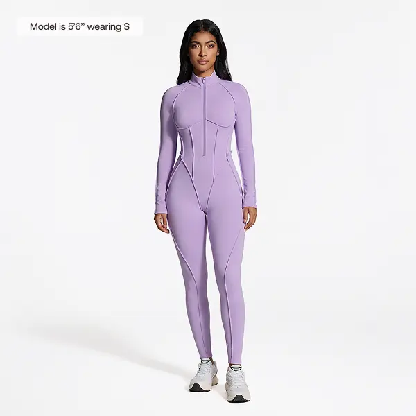 BetterMe Women's Lavender Long Sleeve Zip-Front Open-Back Catsuit, Full-Length Compression Bodysuit Jumpsuit Outfit Overalls Rompers, Breathable Spandex Activewear Clothing Fabric Athletic Training Apparel for Ballet Activewear Fitness Workout Yoga Gym