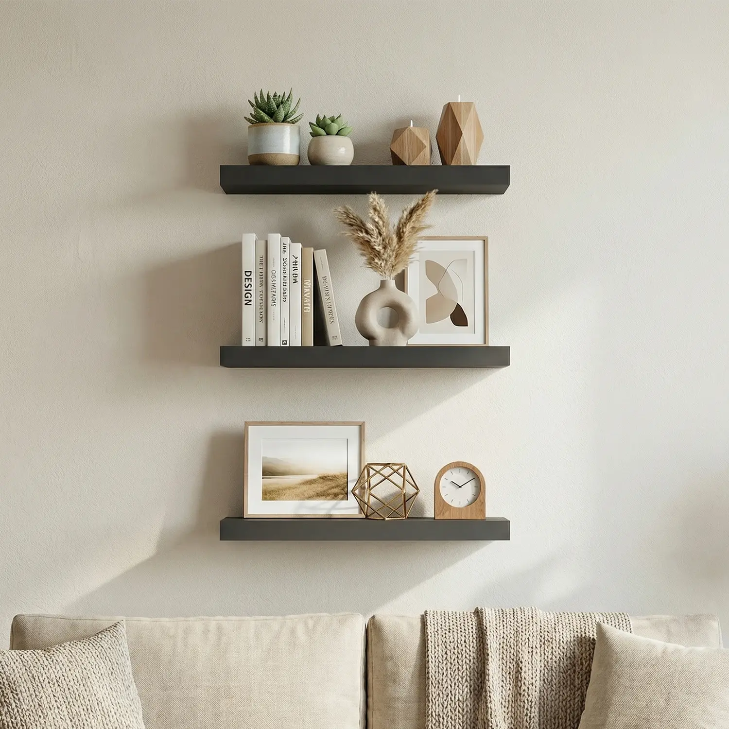 Spaco 14.9in Maple Black Floating Shelves - Modern Durable Wood Unit with Invisible Brackets, Room Accessories for Bedroom Storage & Above Toilet Storage (Hanging-Mounted Options)