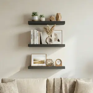 Spaco 14.9" Maple Black Floating Wall Shelves - Modern Durable Wood Storage with Invisible Brackets, Decorative Design Room Accessories for Bathroom, Bedroom Organization