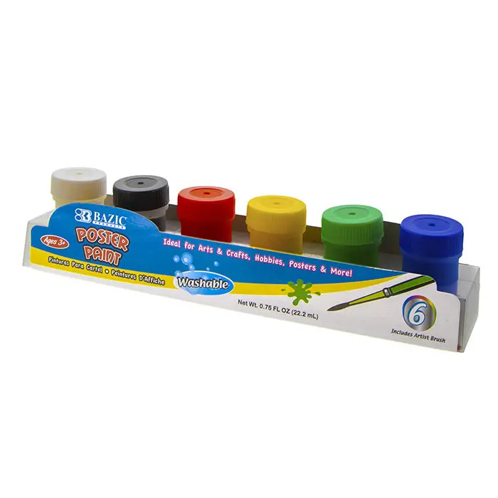 BAZIC 0.75 FL OZ (22.2 mL) 6 Color Washable Poster Paint w/ Brush