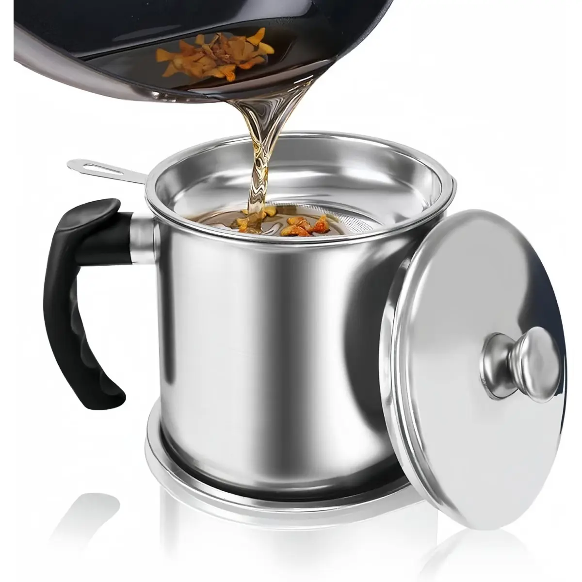 Stainless Steel Bacon Grease Container with Strainer - 1.3L (46 fl. oz.) Kitchen Utensil, Reusable Keto Diet Filter Canister, Anti-Slip Coaster Tray, Beak Pouring Design, Leak-Preventing Large Liquid Food Storage for Clogged Pipe Prevention, Large Contain