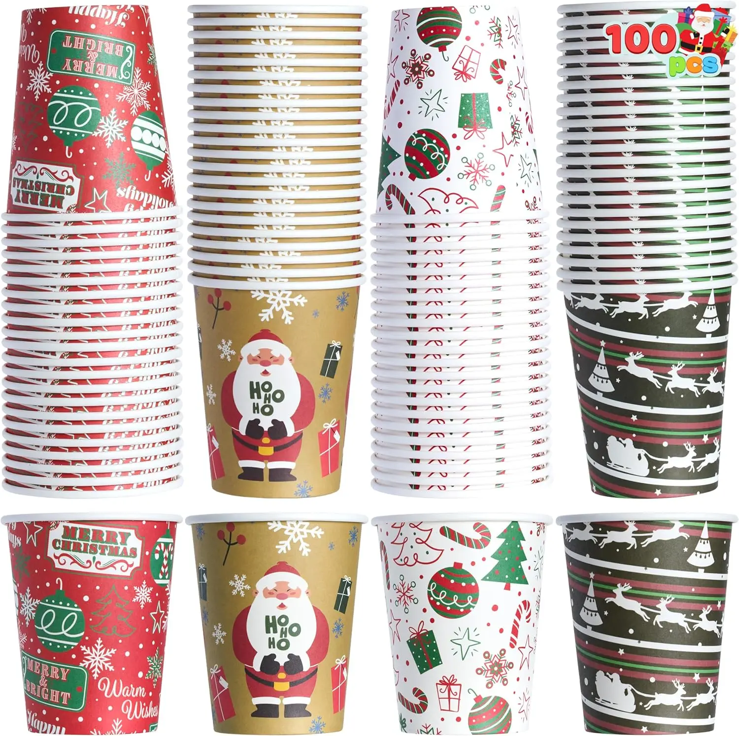 100PCS 9oz Valentines Day Happy New Year Disposable Paper Cups, Xmas Drinking Party Cups Bulk with Christmas Elements and Holiday atmosphere for Chocolate Coffee Cold Beverage Holiday Tableware Party Supplies,Happy Mothers Day
