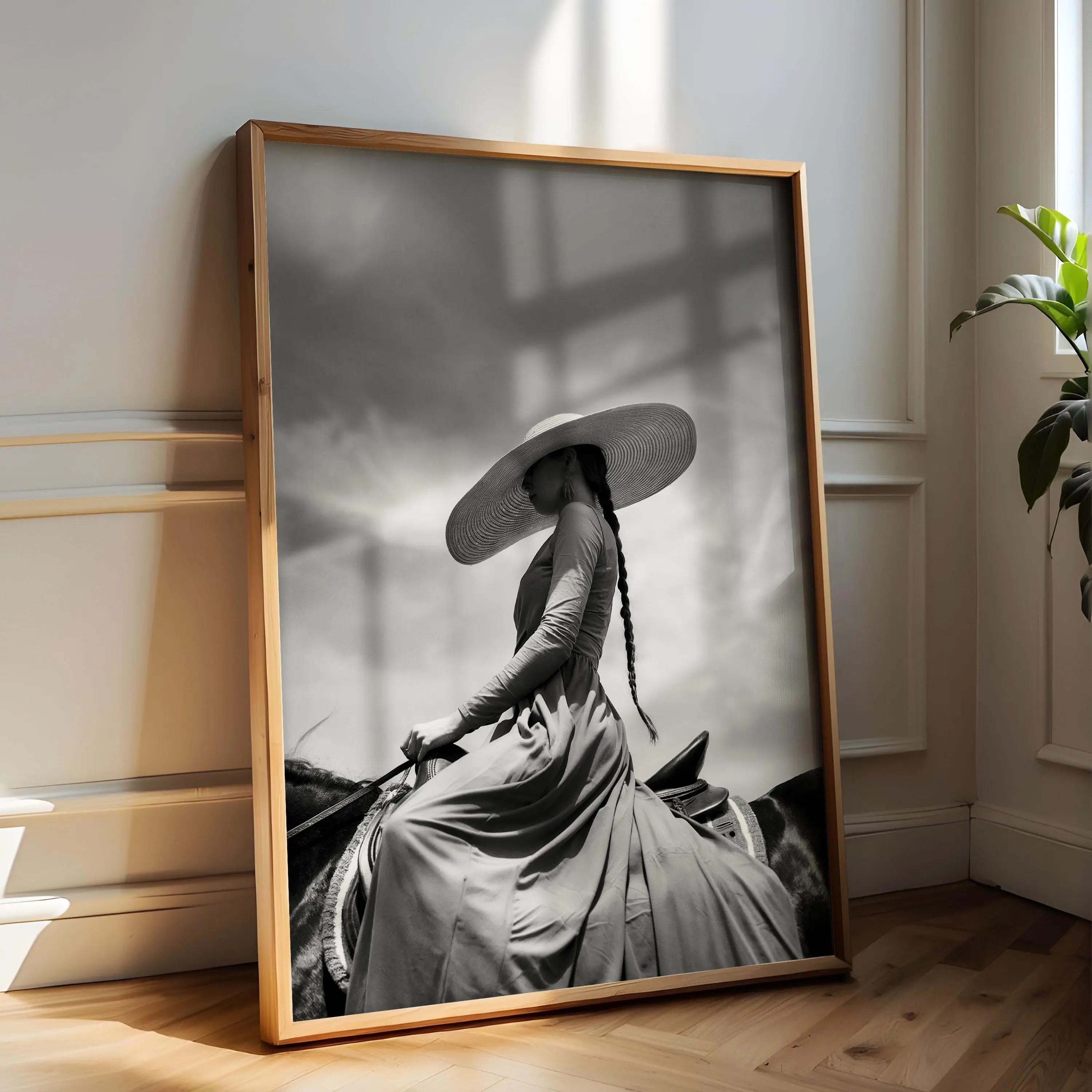 Woman in floppy hat on horse poster print, Rustic chic wall art, elegant wall decor, Equestrians and fashionistas poster, western wall hanging