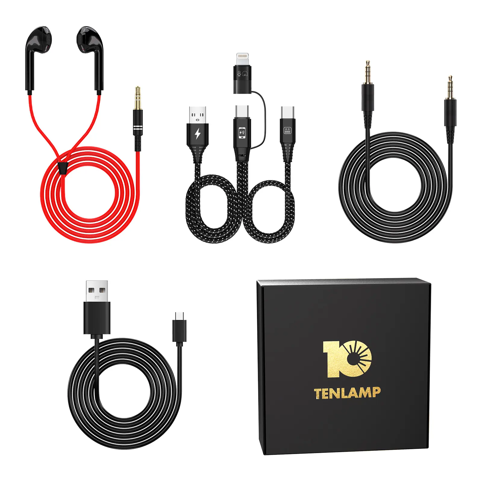 Tenlamp sound card connection cable kit, an accessory pack for the G10 sound card, including an OTG cable, charging cable, and monitoring headphones.