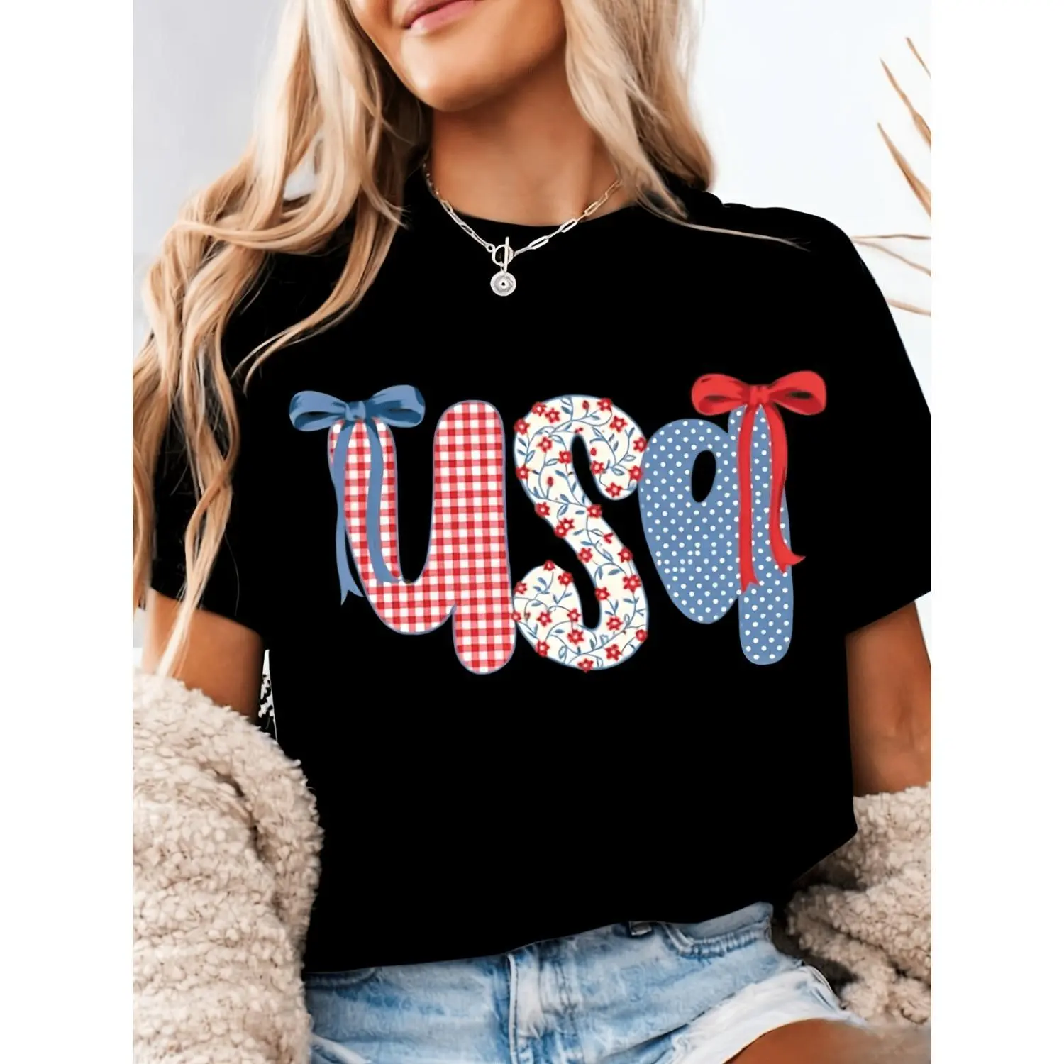 Patriotic Women's USA Flag TShirt Floral Stars and Stripes Design Gingham Bow Red White Blue Casual Round Neck Short Sleeve Tee Perfect for Holidays and Celebrations