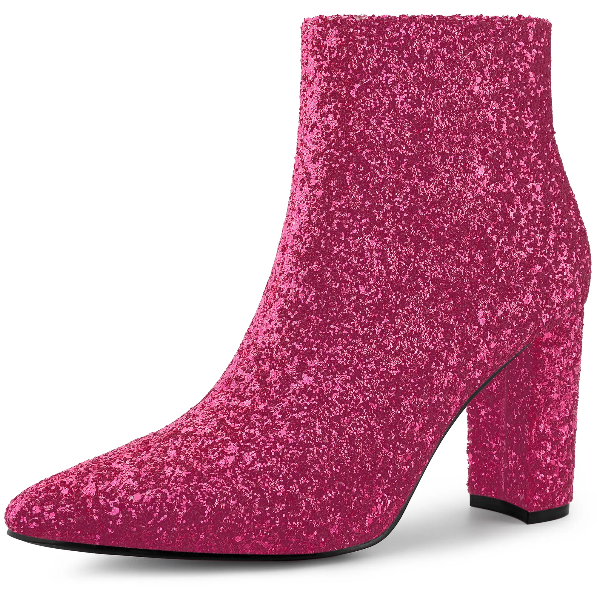 BLISSFUL STEP Women's Glitter Pointed Toe Chunky Heel Ankle Boots