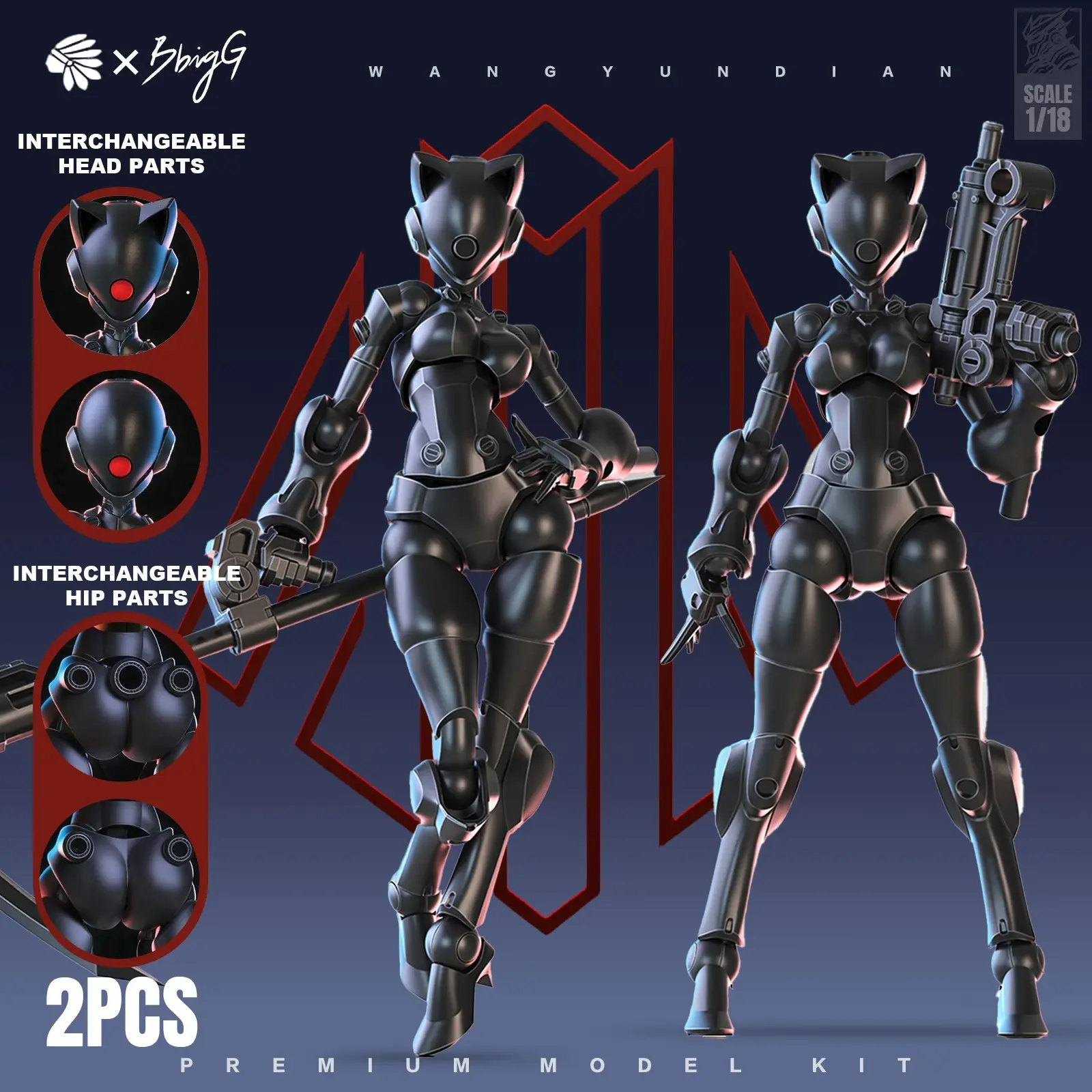 1/18 Cat Ear Mech Girl Build Model Set, Articulated Figures, 3.75 Inch Ultra Articulated Female Mecha Body, 2pcs with Replacement Hands/accesories, Desktop Collectible, Articulating Figurines