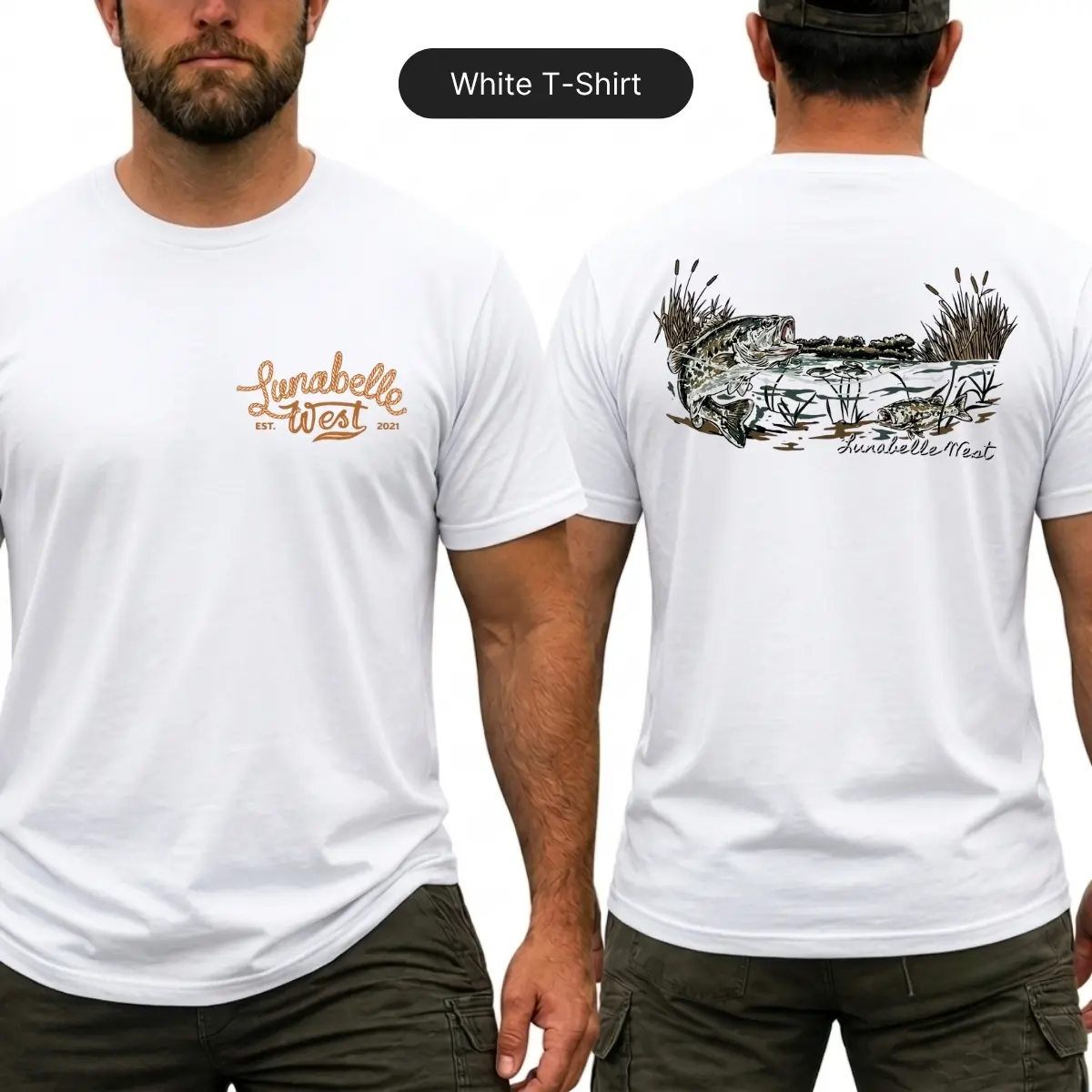 Lunabelle West Bass Fishing T-Shirt, Largemouth Bass Jumping Graphic Shirt, Front Chest Logo and Large Back Print Tee, Outdoor Angler Apparel, Fishing Lifestyle Gift for Men and Women