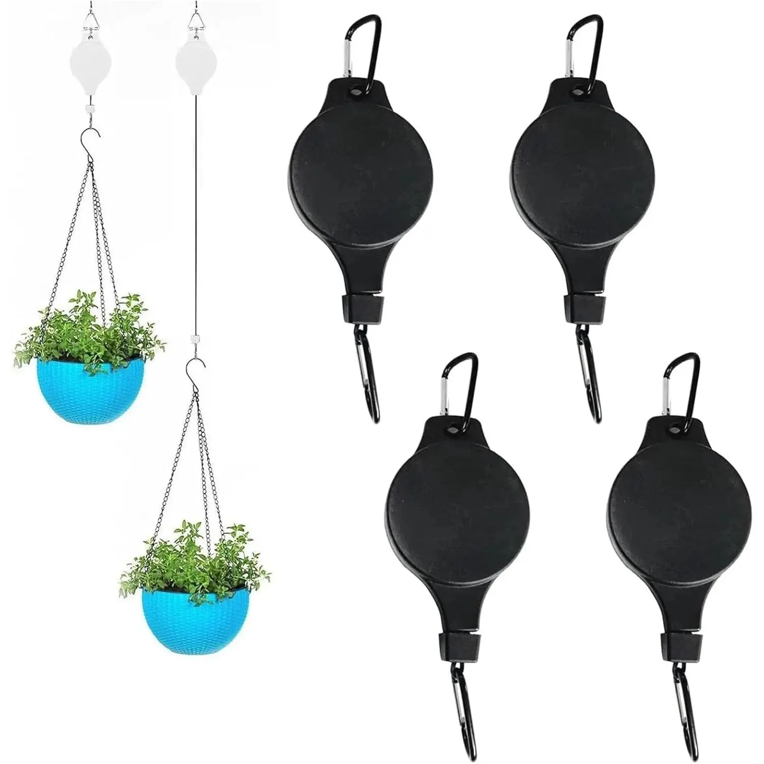 summerwins 4PCS Retractable Plant Pulley Hanging Basket Hooks - Adjustable Nylon Rope Clip Hangers, Durable Ceiling Hooks for Garden Hanging Pots, Bird Cages, Feeders, Porch Vertical Display, Bird Cage, Yard