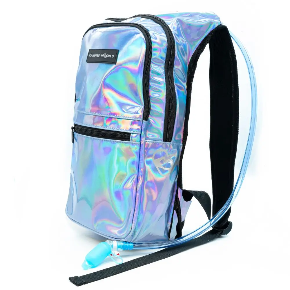 Holographic Hydration Pack with 2L Bladder, Iridescent Rip-Stop Water-Resistant Bag for Raves & Festivals