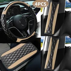 [Fashionable Car Set] 4pcs Fashionable Bubble Carbon Fiber Pattern Steering Wheel Cover, Seat Belt Cover, Car Armrest Pad | Universal Size, Unisex Interior Set