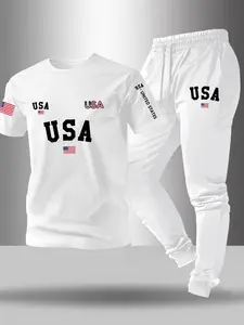 Men's Usa Letter Flag Print Set, Spring Summer Knit Stretch Round Neck T-Shirt + Drawstring Casual Sport Pants, Outdoor Leisure 2-Piece Set, Streetwear Tracksuit Set, Athleisure Summer Clothes