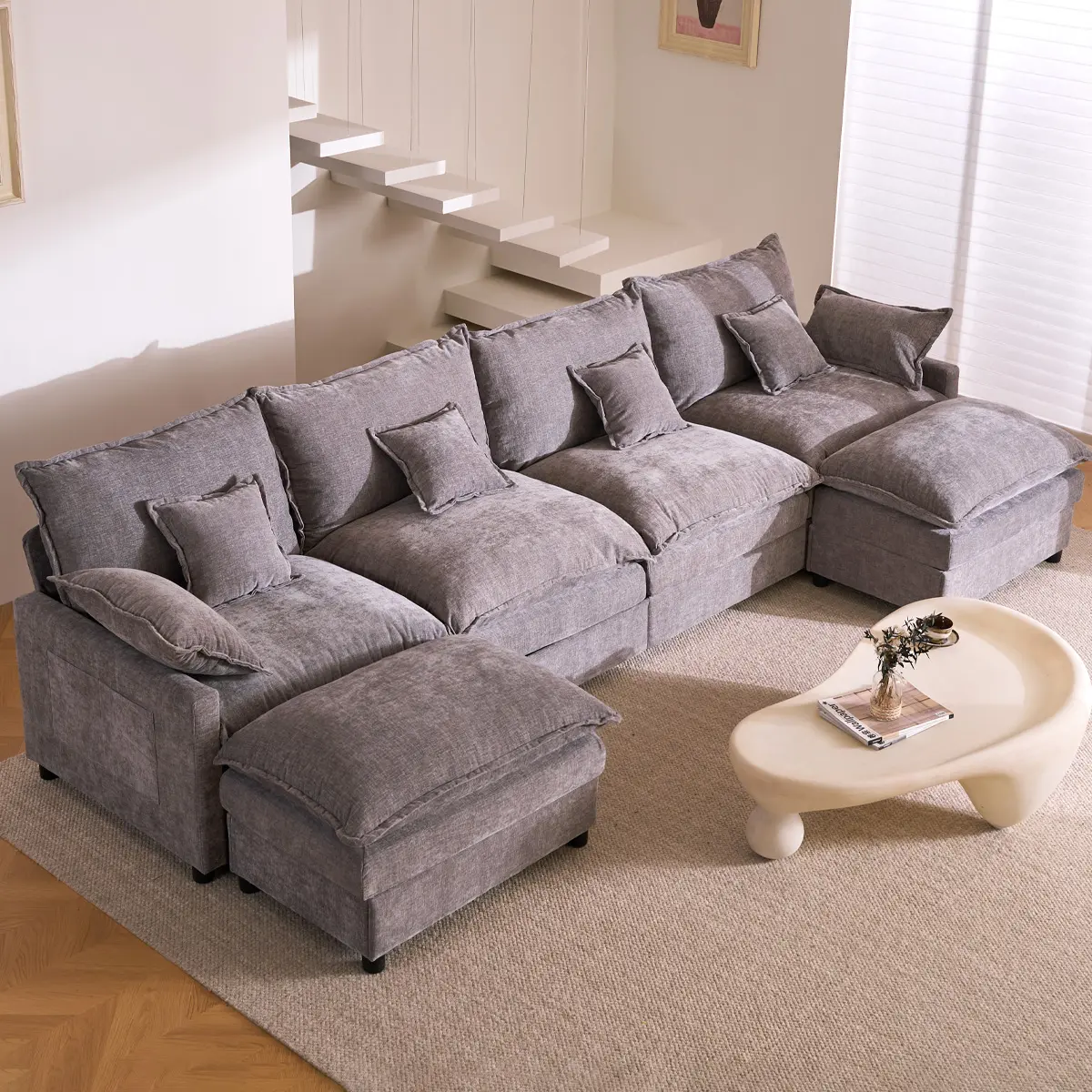 GOSUHI | 142.5" U-Shaped Modular Cloud Sofa, 4-Seater Sectional with Movable Ottoman, Deep Seat,Chenille SohoChic
