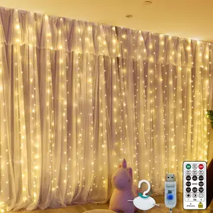SINAMER Warm White Curtain Light for Bedroom, 300 LED 9.8ft x 9.8ft Window Fairy Curtain String Light with 16 Hooks, 8 Models Remote Control for Wedding Party Home Garden Indoor Decorations