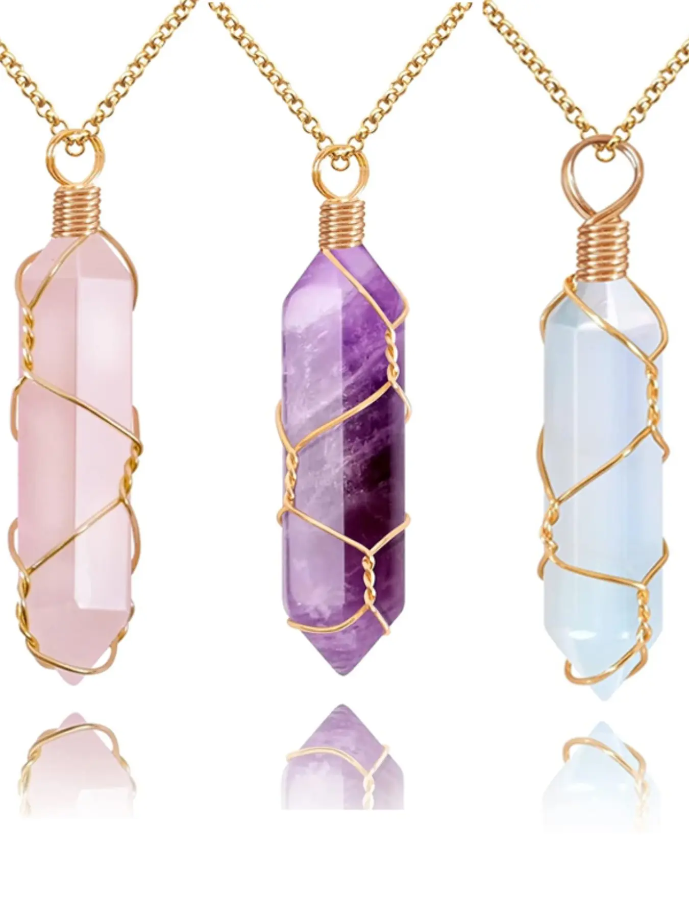 3pcs/set Hexagonal column crystal Quartz Amethyst, rose quartz, Opal, Crystal Hexagonal Chakra Pendulum Stone Pendant Necklace Gemstone Necklace Crystal Jewelry For Gift（3 pendants + 3 chains）