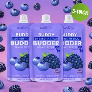 3pk Superberry Snoot Buddy Budder Squeeze Pouch (4oz each)- All Natural Dog Peanut Butter, Perfect with Dog Enrichment, Treating, Training, Traveling