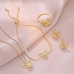 4PCS Butterfly Jewelry Set, Necklace Butterfly Four-Piece Rotating Earring Ring Necklace Bracelet, Micro Inlaid Zircon Clavicle Chain
