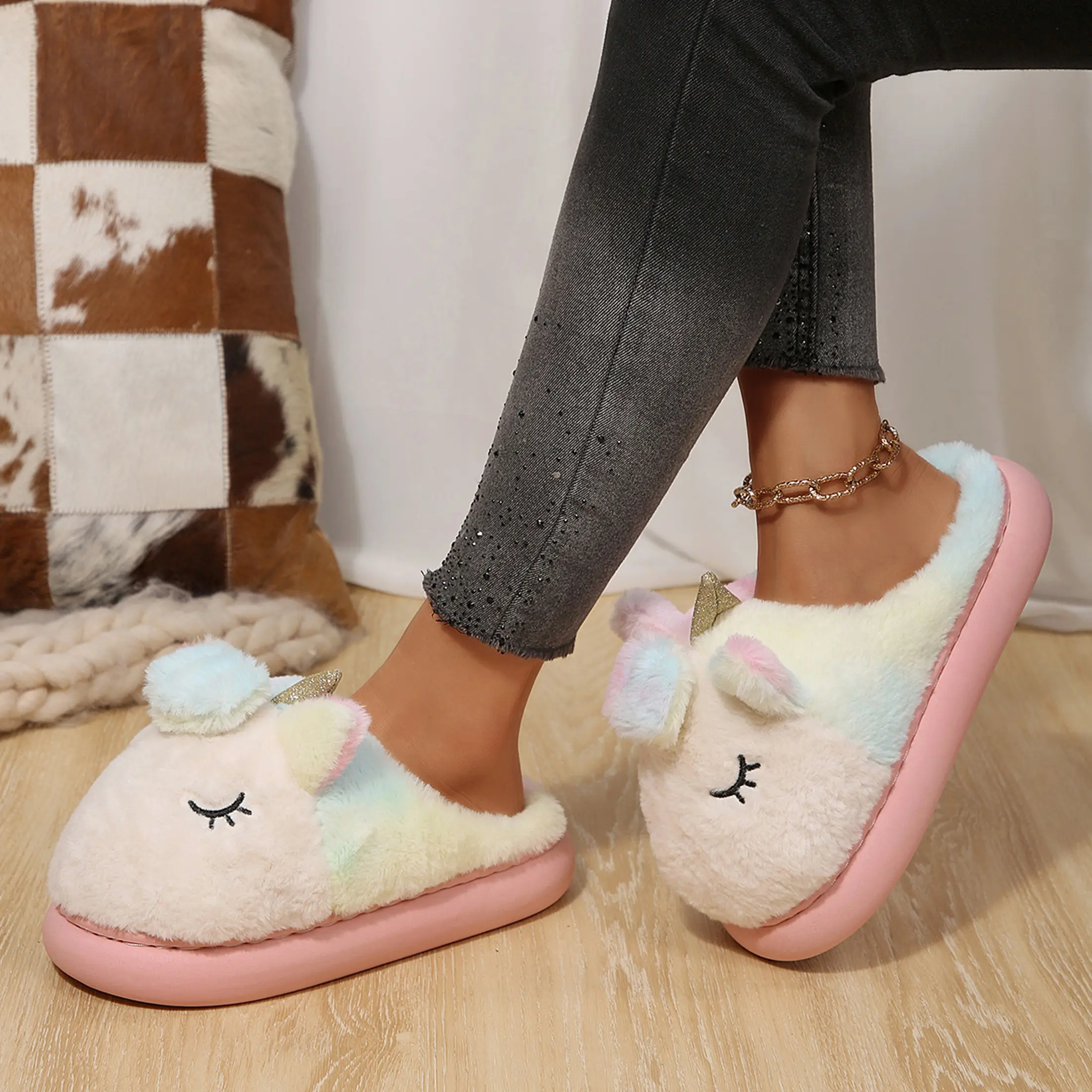 Unicorn Slippers for Girls Women Cute Cotton Slippers Warm Anti-Slip Slippers Unicorn Gifts for Girls