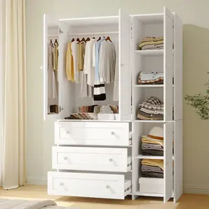 【2 Packages Delivery】VOWNER Wardrobe Bedroom Tall Armoire Closet Organizer with Big Drawers Large 4 Doors Mirror Hanging Rails and Shelves Clothes Storage Cabinet for Bedroom