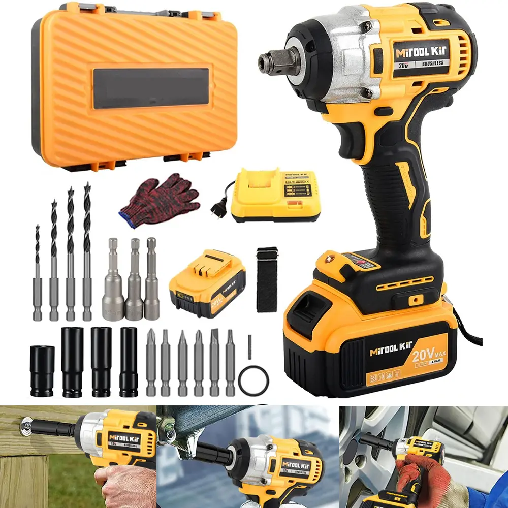 1/2-in Cordless Brushless Impact Wrench Multi-Tool Kit, 600Nm Torque Cordless Drill, 4Ah Li-ion Batteries, 3-in-1 Impact Drill-Driver, 2000 Bpm, 3 Hexagon Handles for Auto Repair, Rusty Bolts Handling, Diy Home Projects