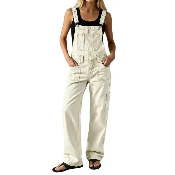 Flamingals Solid Patch Pocket Mid Rise Straight Leg Overalls Womenswear Stretchy 28.7" Inseam