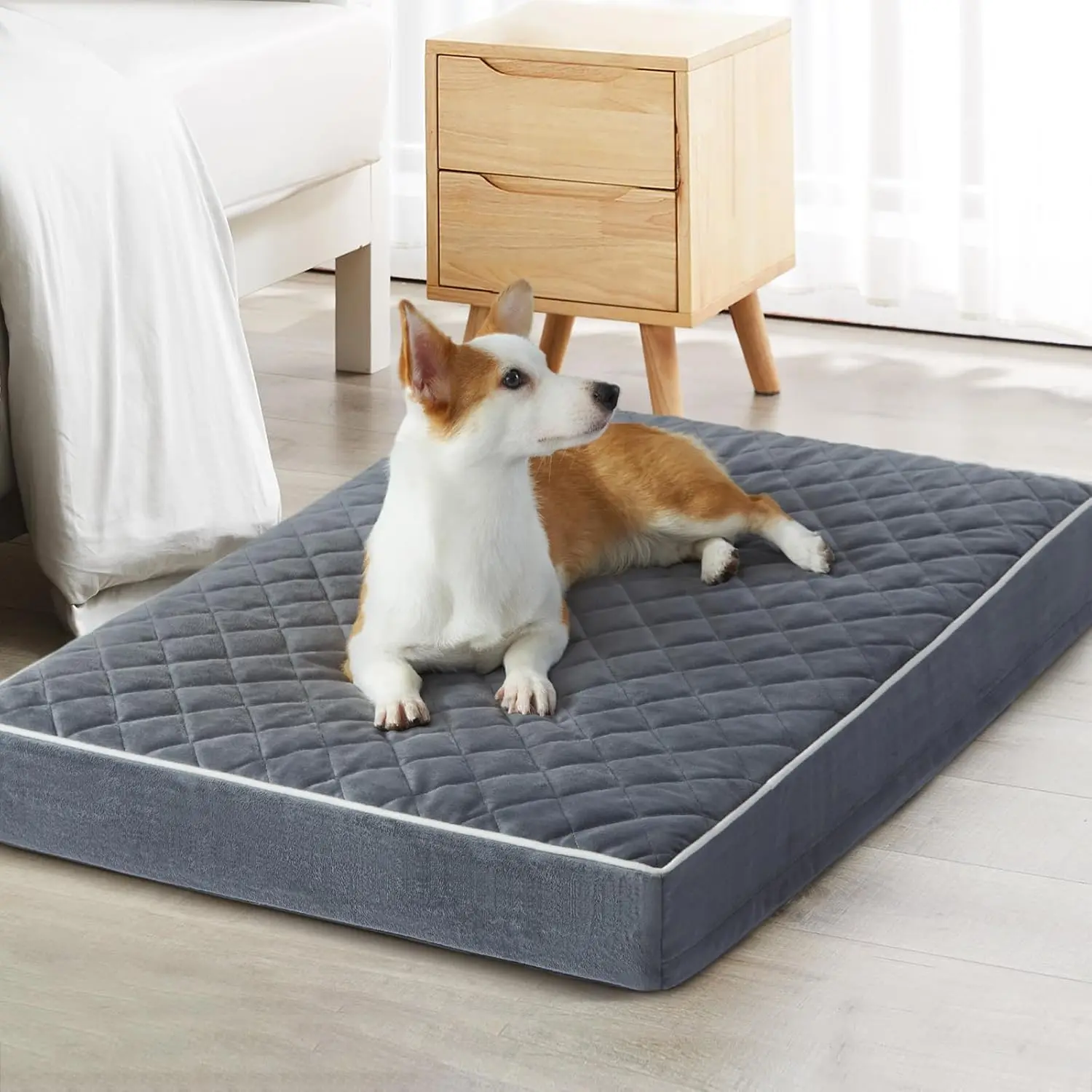 XXL Orthopedic Waterproof Dog Crate Bedding Pad (47 x 29 x 3.5 inches) - Plaid, High Density Foam, Spillproof, Washable, Multi-Needle Quilting, Self-Warming, Thick Cushion with Snap, L-Shaped Zippers Removable Cover for Extra Large Dogs with Ample Space