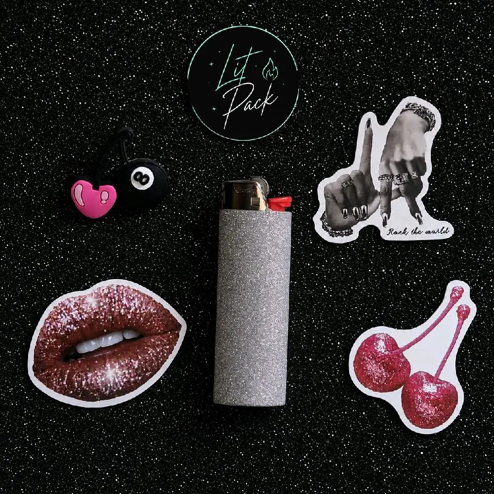 Glitz & Glitter Lit Pack – Custom Wrapped Glitter BIC Lighter, Stickers & Accessory | Perfect to gift or collect! | Pink / Glitter Aesthetic | Collectible | Cute Accessories | Unique Gift for Her | Birthday Gift | Stocking Stuffer