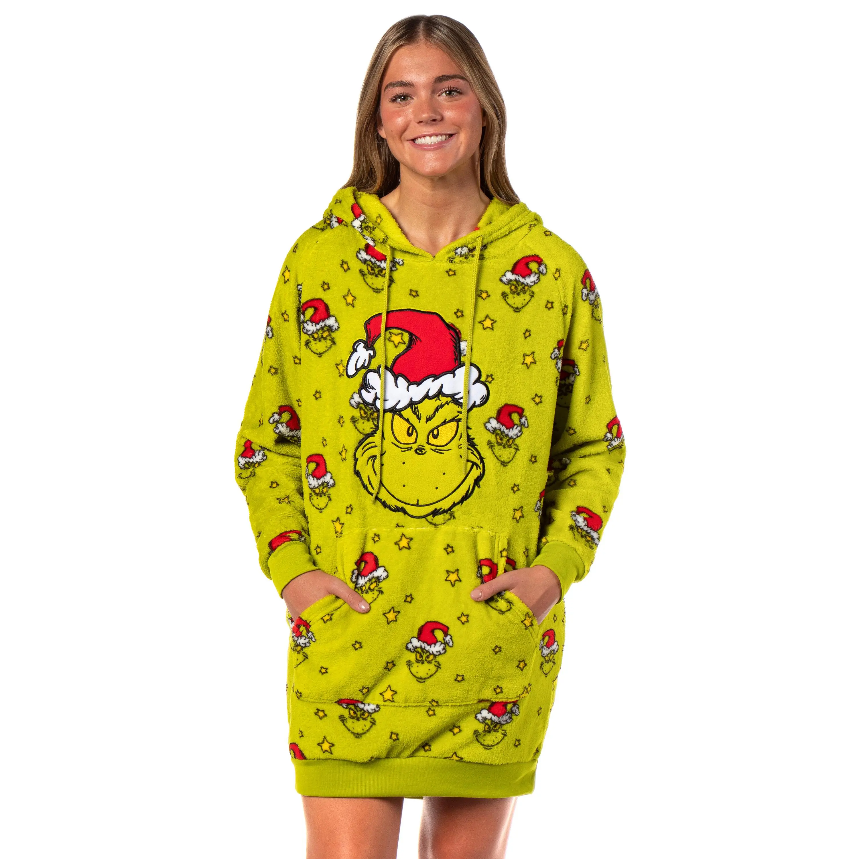 Dr. Seuss' The Grinch Women's Hooded Dorm Sleep Shirt, Plush Polyester Fleece Loungewear with a Kangaroo Pocket and Matching Socks, Nightwear, Embroidered, Print, Bottom, Drawstring, Long Sleeve, Style, Pajama Set, Comfortable, Ribbed, Oversized Flow, Hat