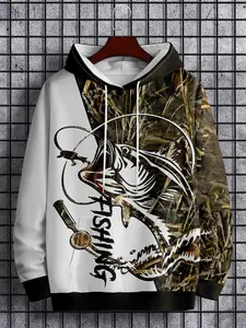 Men's Novel Fishing Pattern Hooded Sweater - Casual Style Polyester Knitted Fabric with Slight Elasticity - Regular Version Hooded Sweater with Camouflage and Fish Pattern Design