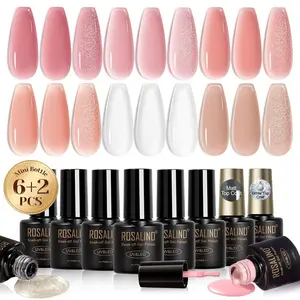 Jelly Gel Polish Set with Matte and Glitter Gel Top Coat, 6 Translucent Colors Neutral Sheer Milky White Nude Pink base Gel Nail Polish set Nail Art DIY at Home