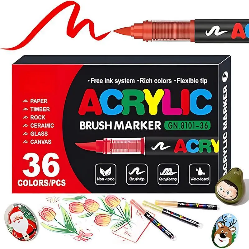 36 Color Acrylic Paint Pens, Soft Brush Tip Acrylic Paint Markers,Quick-Drying Waterproof Acrylic Markers for Canvas, Rock Painting, Wood, Stone, Glass, Ceramic, Fabric Painting, DIY Crafts，Back To School Gifts
