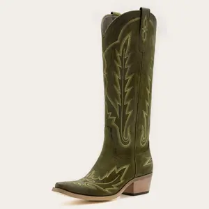 Olive Classic Tall Cowgirl Boots with Flame Embroidery Western Design Comfortable Heel Soft Fit for Women Snip Toe Side Zipper Breathable Mesh Lining