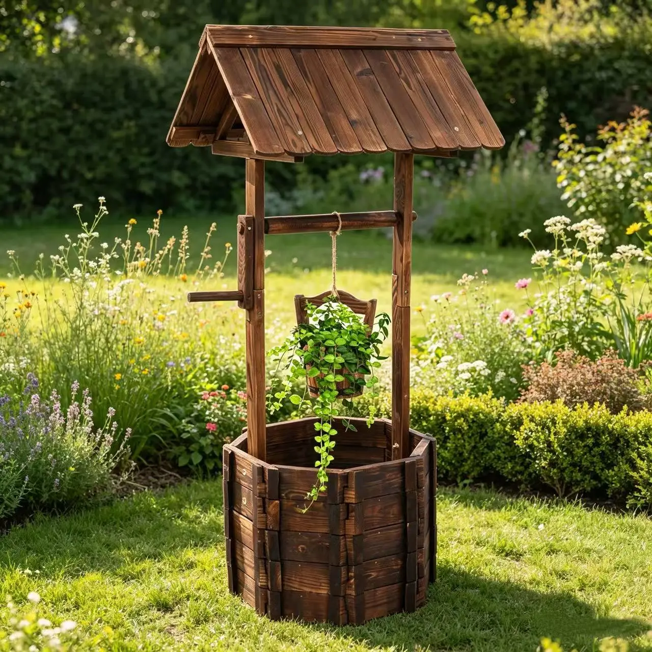 Rustic Wooden Wishing Well Planter - Carbonized Fir Wood, Anticorrosive & Reinforced, Outdoor Garden Bucket Flower Pot