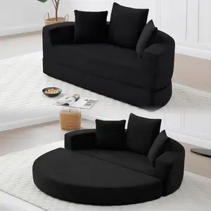 Round Chenille Corduroy Convertible Folding Sofa Bed - 2-Seat Modern Boneless Sleeper with Armrest and Pillows, Foldable Floor Couch for Living Room, Small Spaces