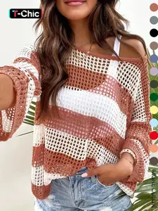 Women's Striped Print Hollow Out Sheer Drop Shoulder Sweater, Casual Long Sleeve Boat Neck Knitted Pullover for Spring & Fall, Fashion Lightweight Knitwear for Daily Wear