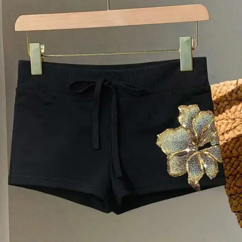 Women's Casual Elegant Sparkle Gold Floral Flower High Waist Adjustable Drawstring Slim Fit Mini Shorts, Summer Daily Wear