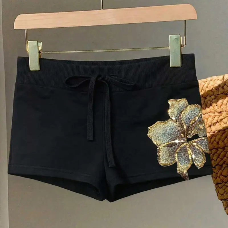Women's Casual Elegant Sparkle Gold Floral Flower High Waist Adjustable Drawstring Slim Fit Mini Shorts, Summer Daily Wear