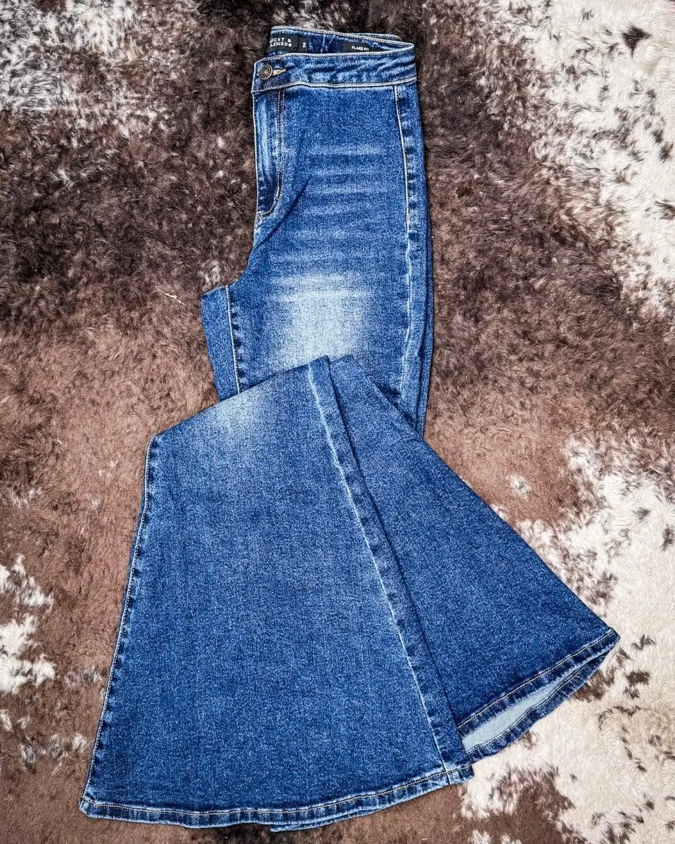 Women's Dark Wash Elkhorn High-Rise Flare Denim Bottoms, Button-Closure, Pocket-Equipped, Flattering Fit by L&B