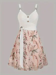 Women's Colorblock & Floral Print Buttons Ruched O-ring Draped Cami Dress, Casual Vintage Fashion Sleeveless Short A Line Dress for Summer, Ladies Clothes for Beach Holiday Vacation, Comfort Womenswear, Tiktop Shop